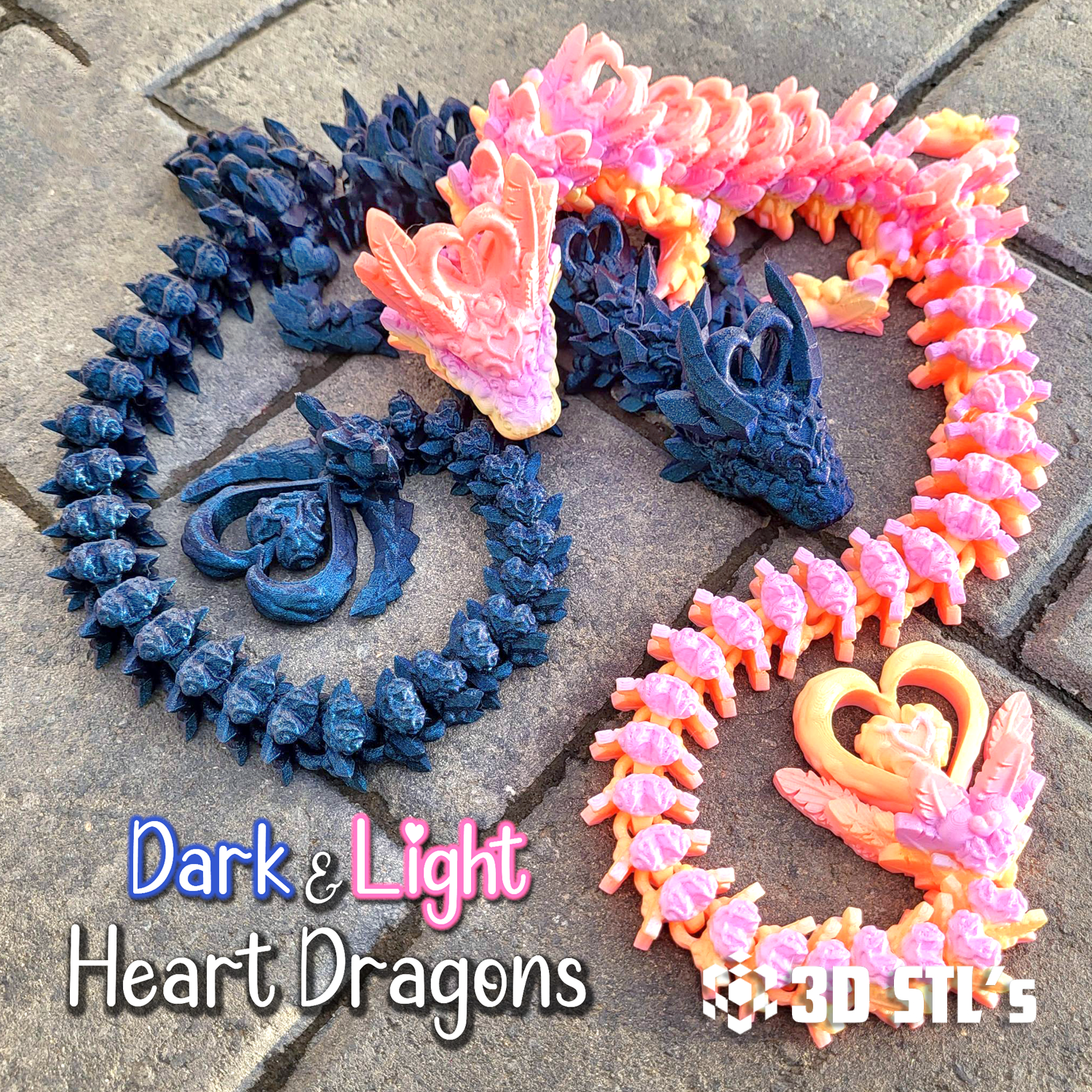 Dark & Light Heart Dragons STL & 3MF – Fantasy Duo 3D Print